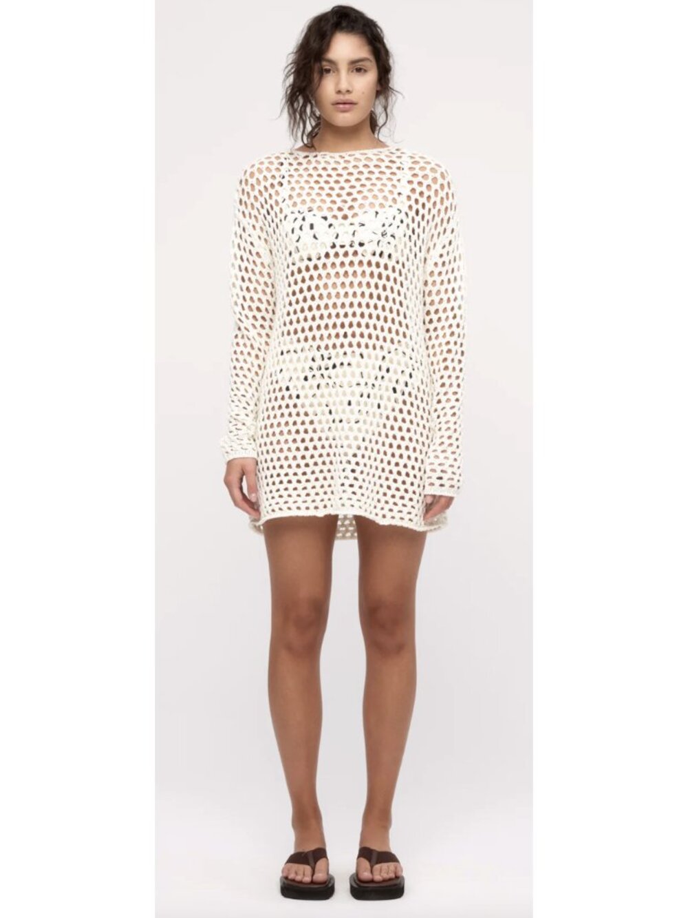 ZULU & ZEPHYR Crochet Knit Tunic Dress Coconut Cover Up 10 Boho Neutral Coastal